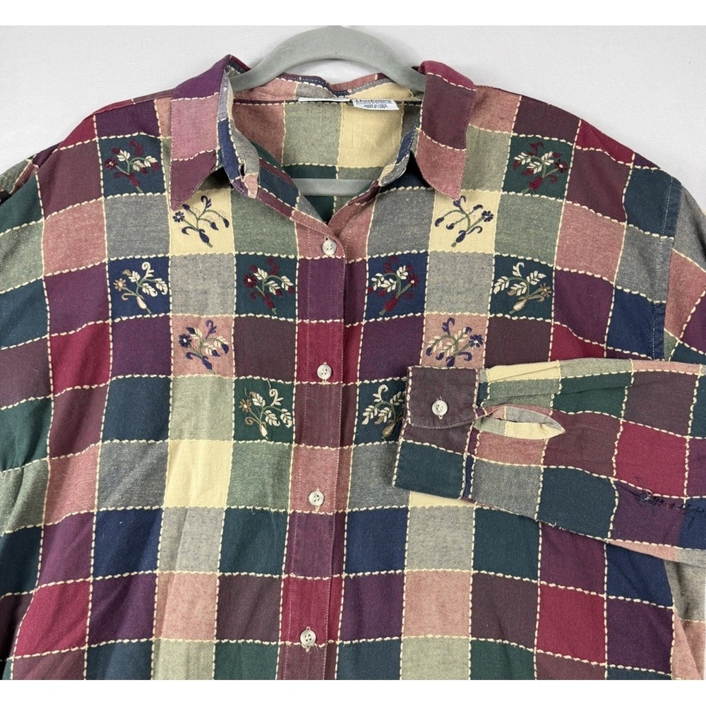 VTG Cabin Creek Embroidered Floral Plaid Patchwork LS Button up Shirt Women's 2X
